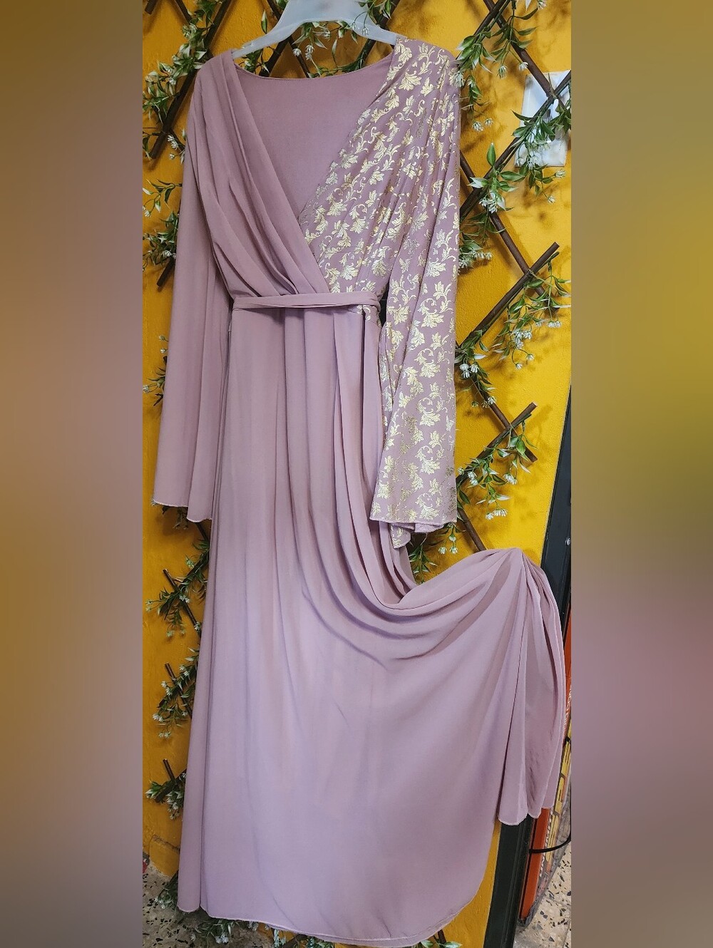 Pink/Lavender Long-Sleeve Maxi Dress with Gold Floral Sleeve